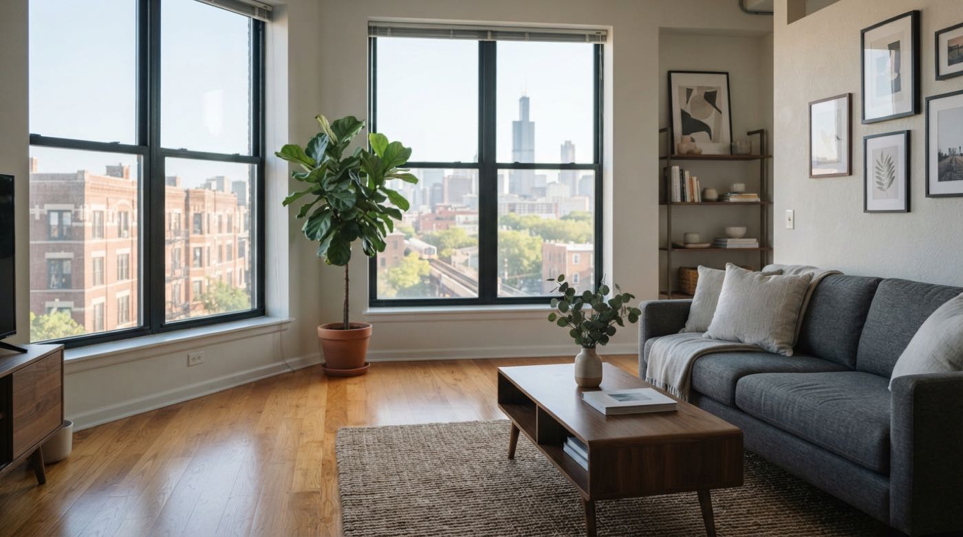 A bright, tidy Chicago apartment living room